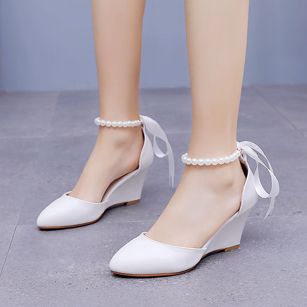 7 cm Pointed Wedge Beaded Ribbon Sandals