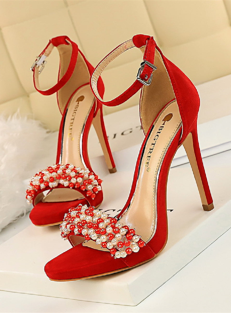 Waterproof Suede Pearl Rhinestone Sandals