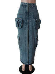 Denim cargo maxi skirt