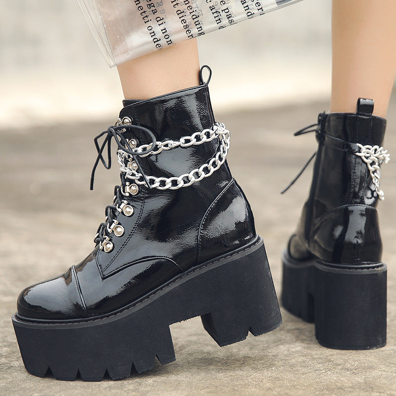 Patent Leather Chain High-heeled Martin Boots