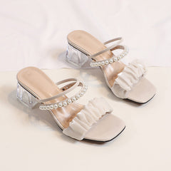 Mesh Pearl Transparent Thick Heel Slippers