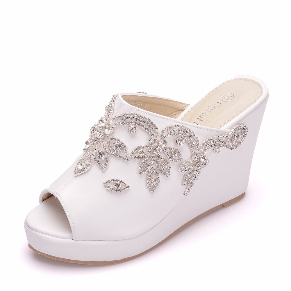 White Rhinestone Fish Mouth Wedge Slippers