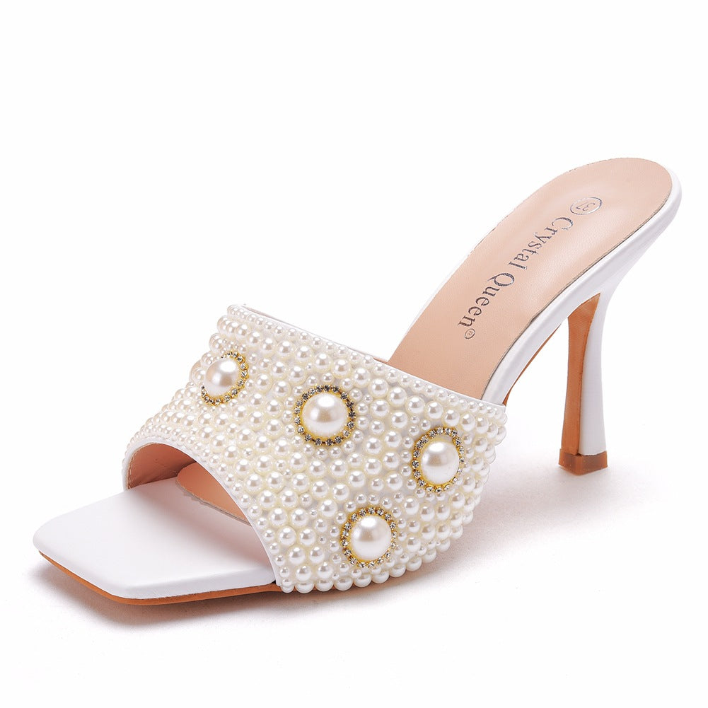 Square Pearl Beaded Chain High Heel Slippers