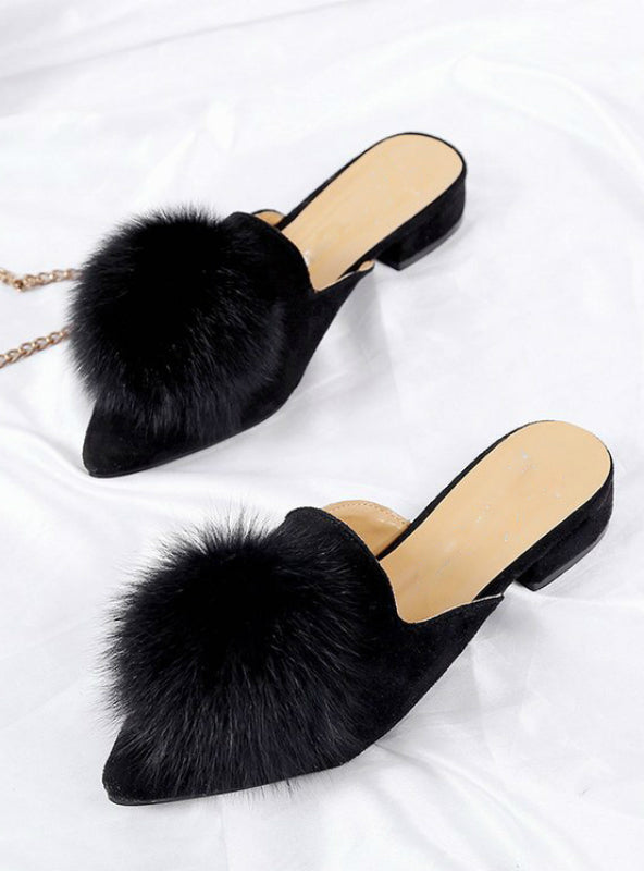 Women Flats Shoes Pompom Faux Fur Pointed Toe