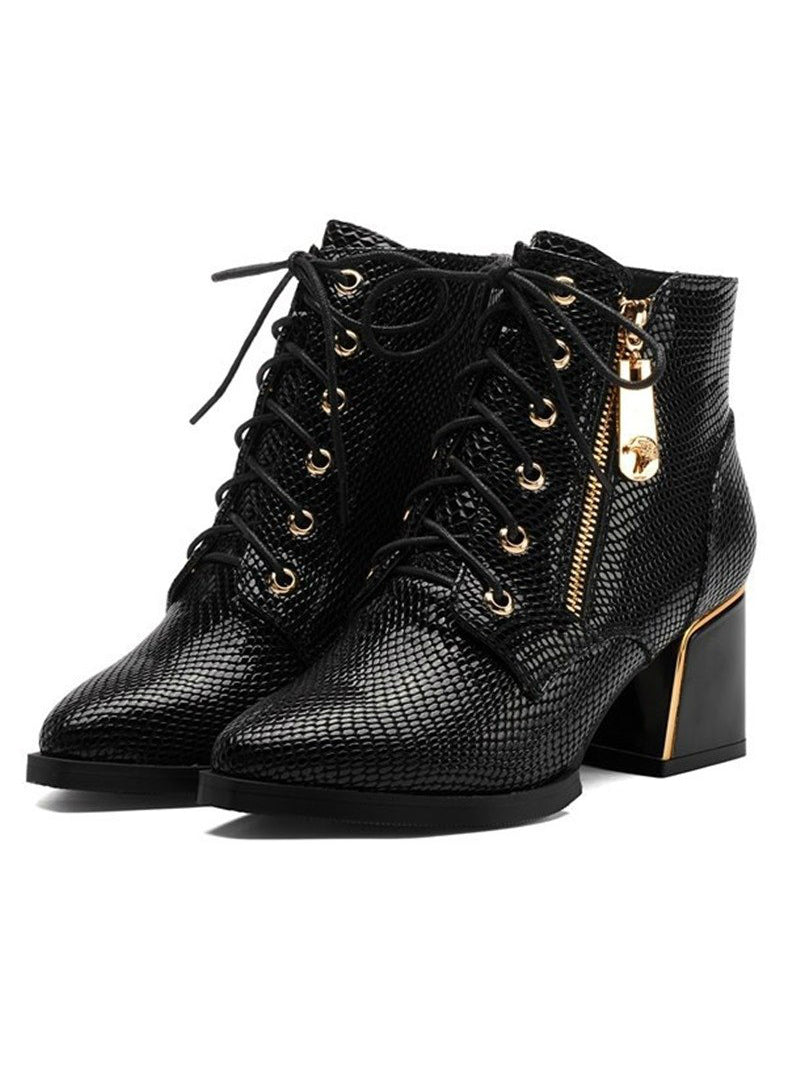 Ankle Boots Genuine Leather Pointed Toe Thick Heels