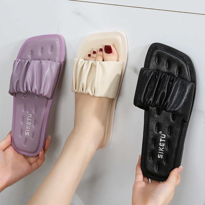 Square Pleated Flat-soled Slippers