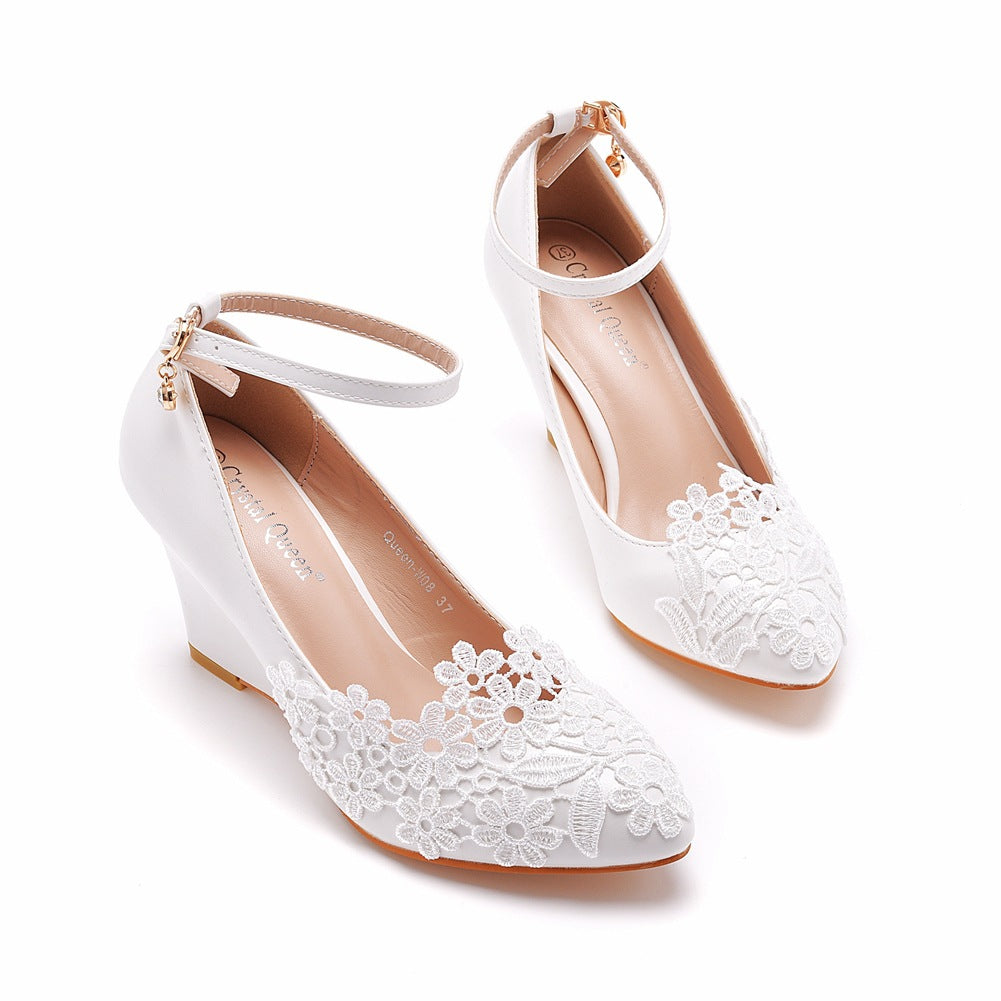 Lace Wedges Slim High Heels Wedding Shoes