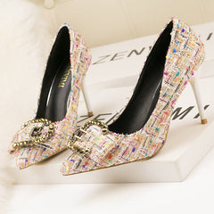 High Heels Rhinestone Buttons Pointed High Heels