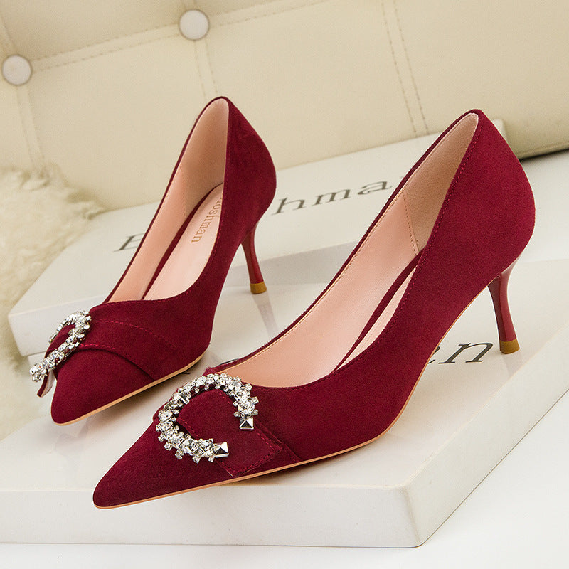 Thin High Heel Pointed Sequined Belt Buckle Shoes