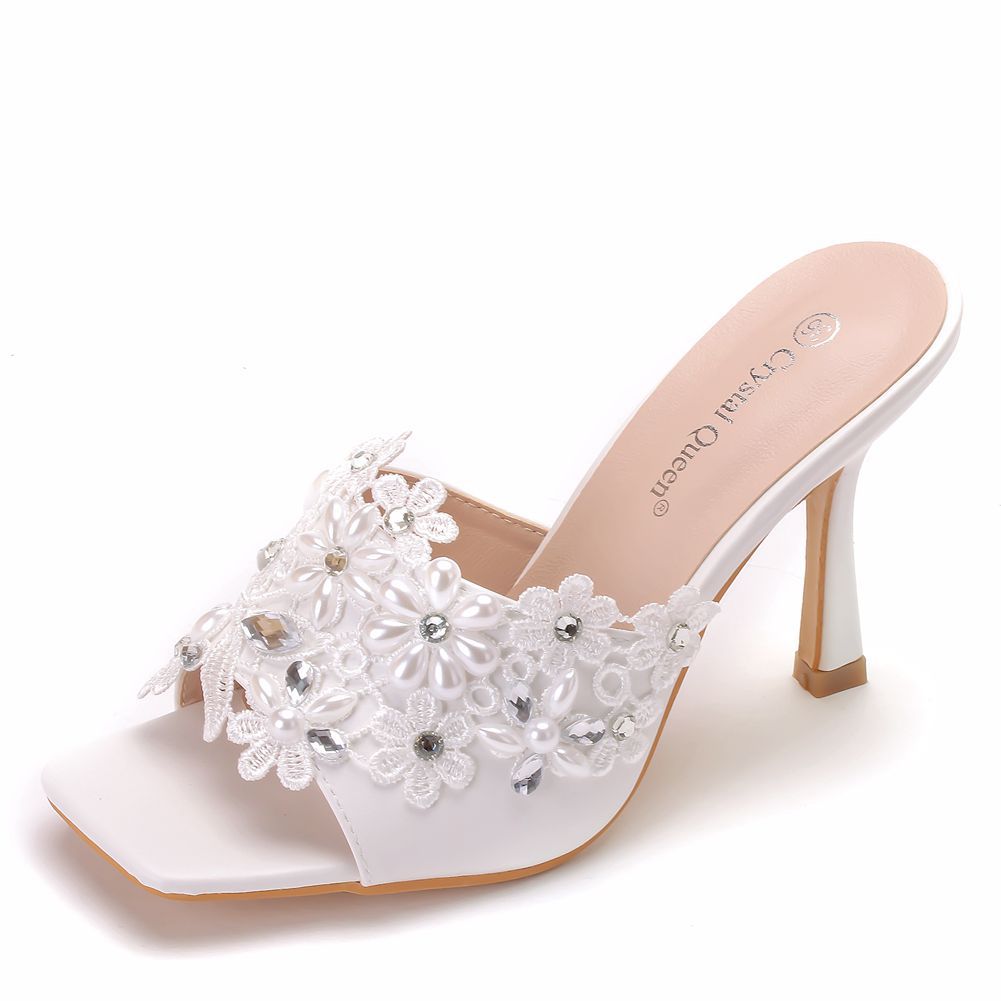 White Lace Rhinestone Square Slippers