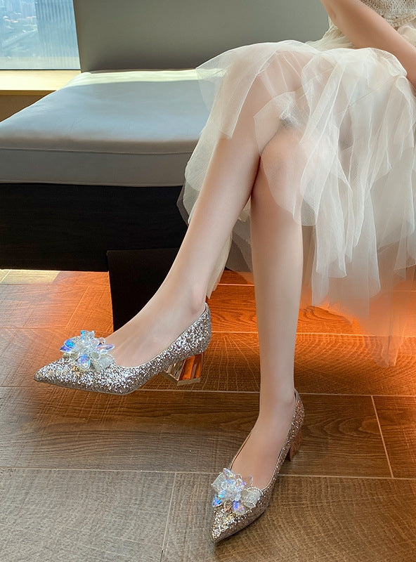 Crystal High-heeled Pointed Thick Heels Shoes