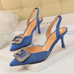 Shallow Pointed Suede Hollow Rhinestone Sandals