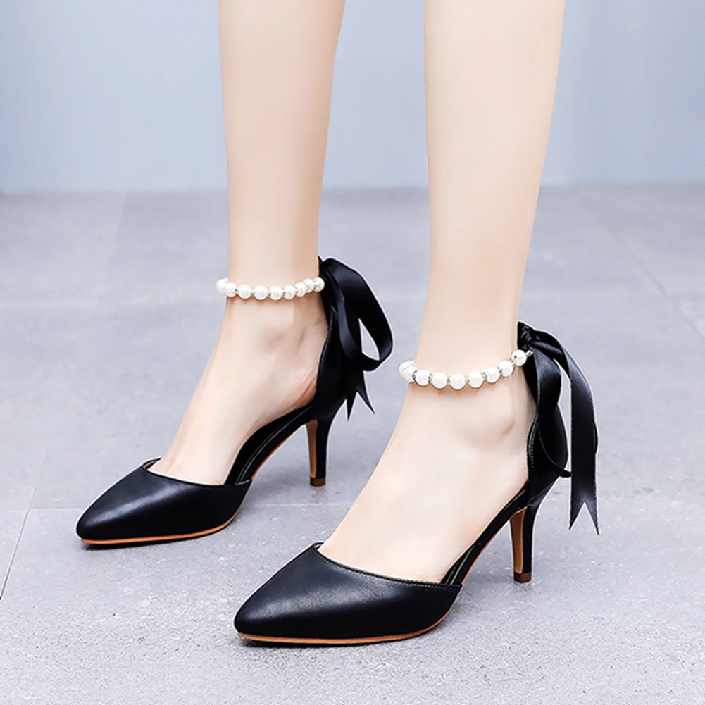 7 cm Thin Heel Rhinestone Beaded Ribbon Sandals