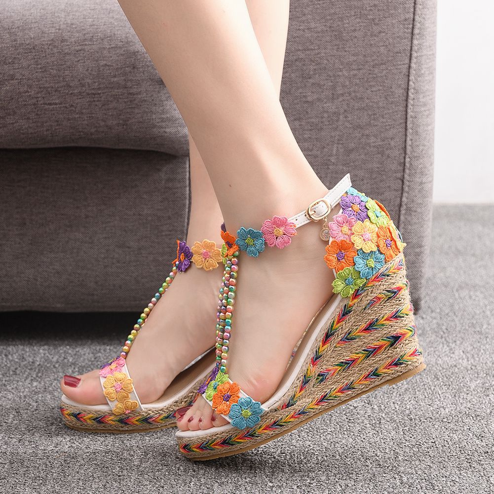 Waterproof Platform Toe Rainbow Lace Beaded Sandals