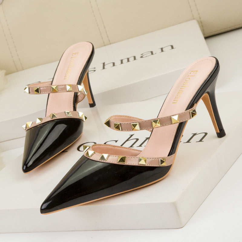 Pointed Metal Rivet Patent Leather Sandals