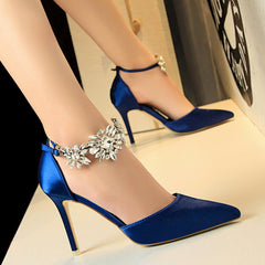 Satin Hollow Shallow Pointed Rhinestone Sandals