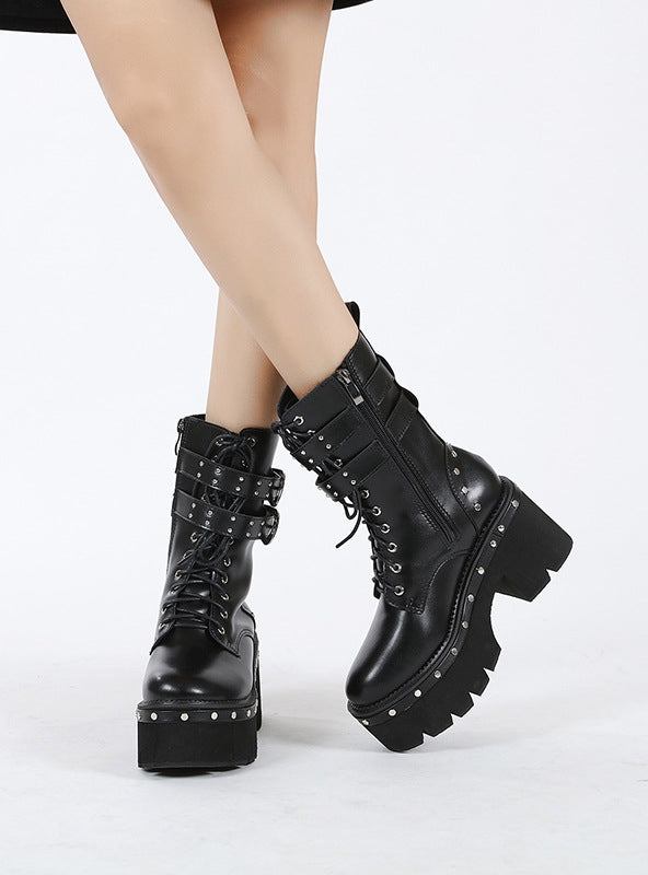 Thick-soled Rivet Belt Buckle Thick-heeled Motorcycle Boots