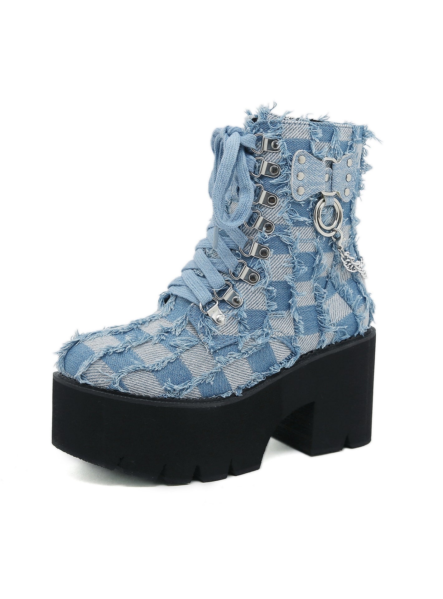 Denim Blue Buckle Side Zipper Boots