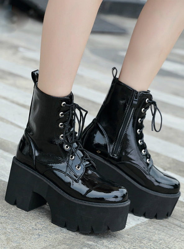 Ladies Chunky Wedge Platform Black Patent Leather Ankle Boots