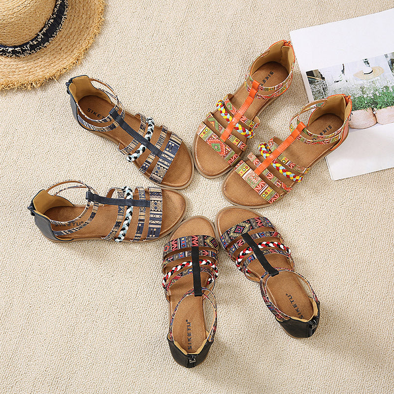 Ethnic Colorful Stitching Roman Flat Sandals