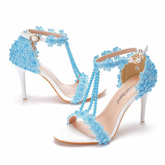 Beaded Thin Heel Fish Mouth Roman Sandals