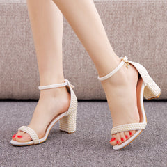 Square Root Thick Heel Pearl Sandals