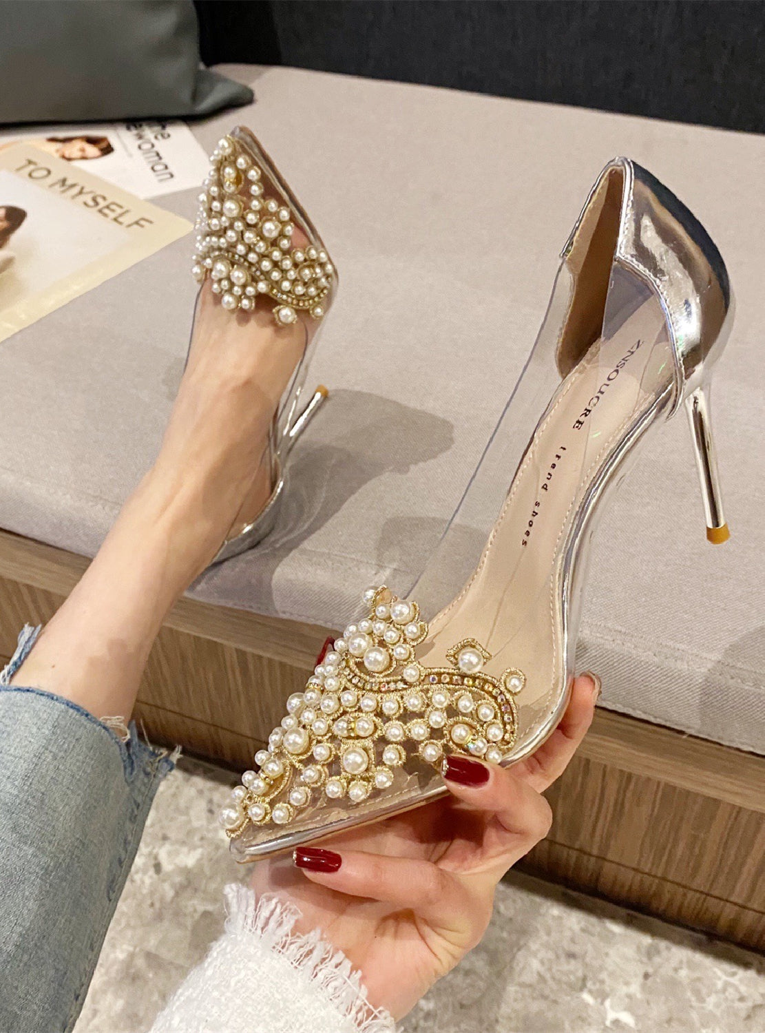 Transparent Pearls Stiletto Heels Shoes