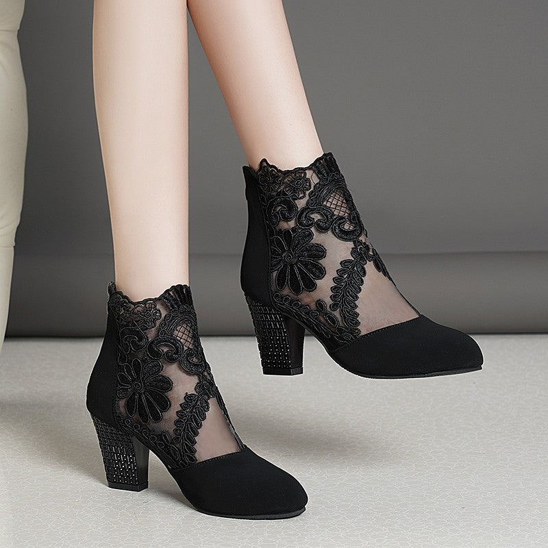 Hollow Mesh Lace Thick Heel Sandals Boots