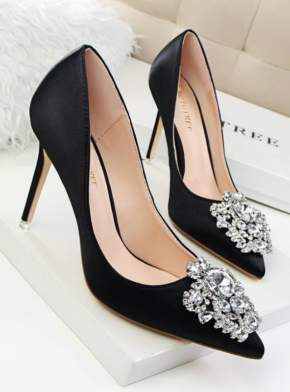 Rhinestone Silk Satin High Heels Shoes Thin Pointed