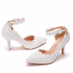 White Lace Pointed Heels Wedding Shoes