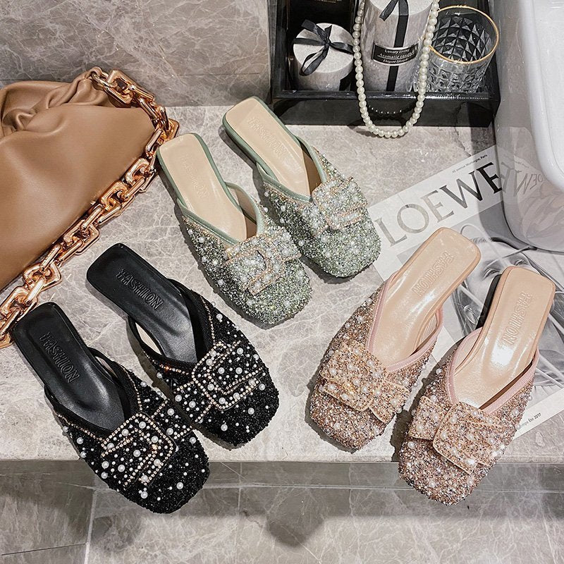 Flat-bottomed Rhinestone Square Bow Slipper