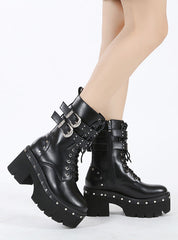 Rivet Middle Tube Belt Buckle Thick Heel Bootie