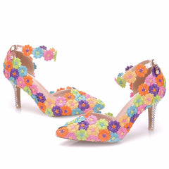 Colored Lace Stiletto Heels Pointed Sandals