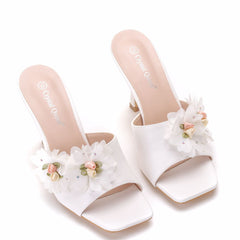 White Flower Square Slippers Shoes