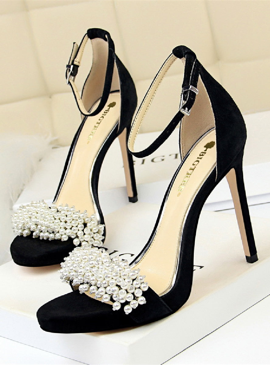 Waterproof Suede Pearl Rhinestone Sandals