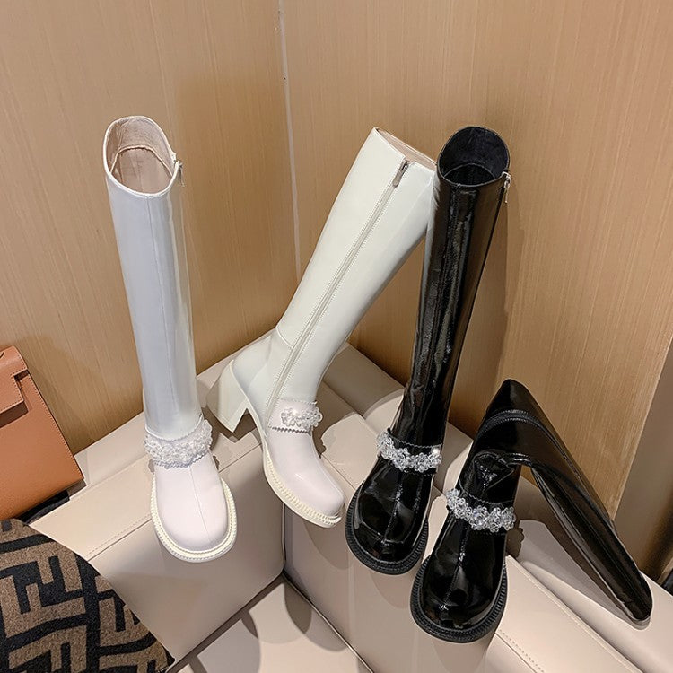 Crystal Thick High Heel High Barrel Riding Boots
