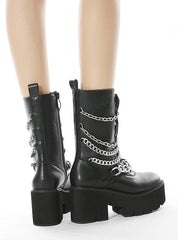 Metal Thick Bottom Zipper Round Head Chain Martin Boots