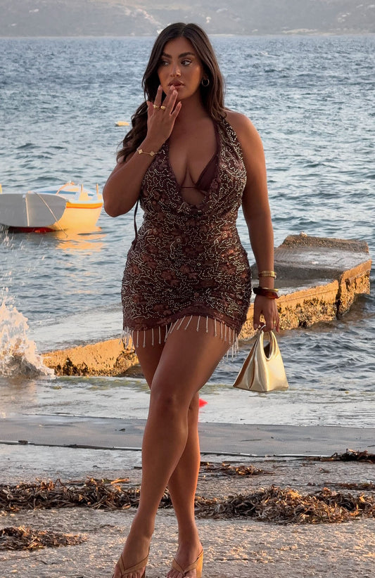 Barcelona Dreams Beaded Mini Dress Chocolate