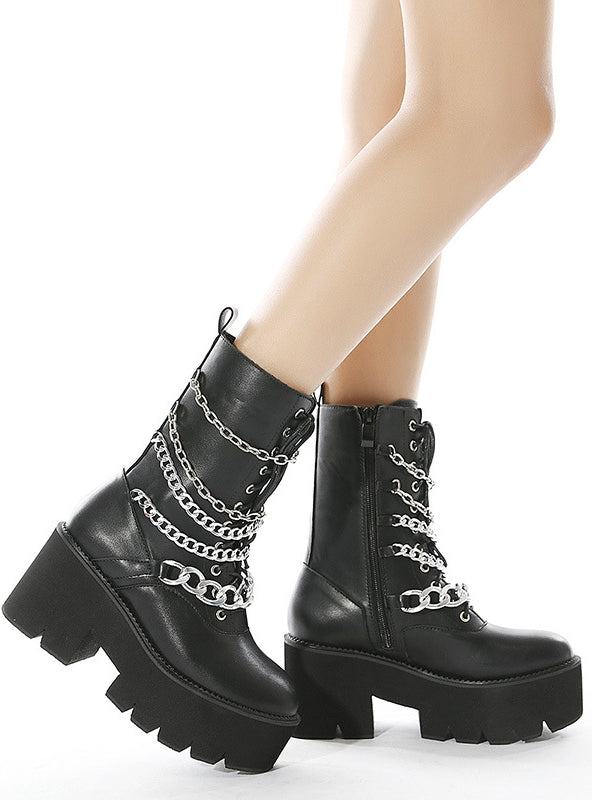 Metal Thick Bottom Zipper Round Head Chain Martin Boots