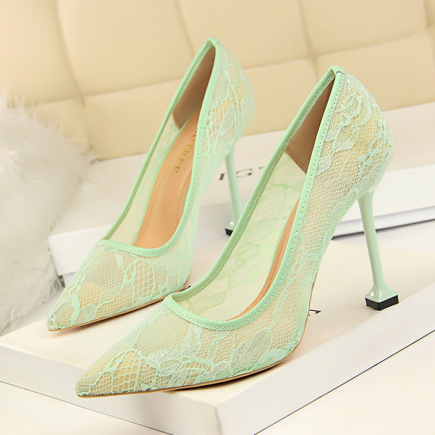 Lace Mesh Shallow Pointed High Heels