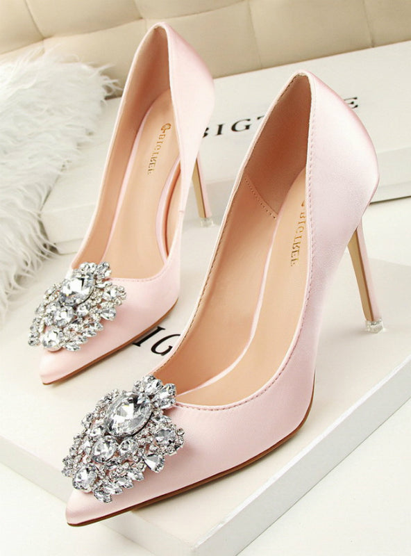 Rhinestone Silk Satin High Heels Shoes Thin Pointed