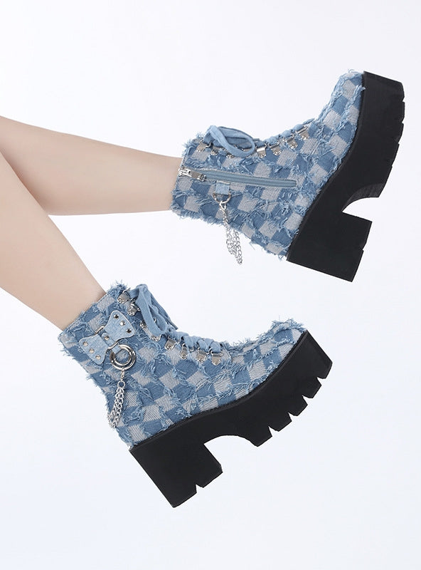 Denim Blue Buckle Side Zipper Boots