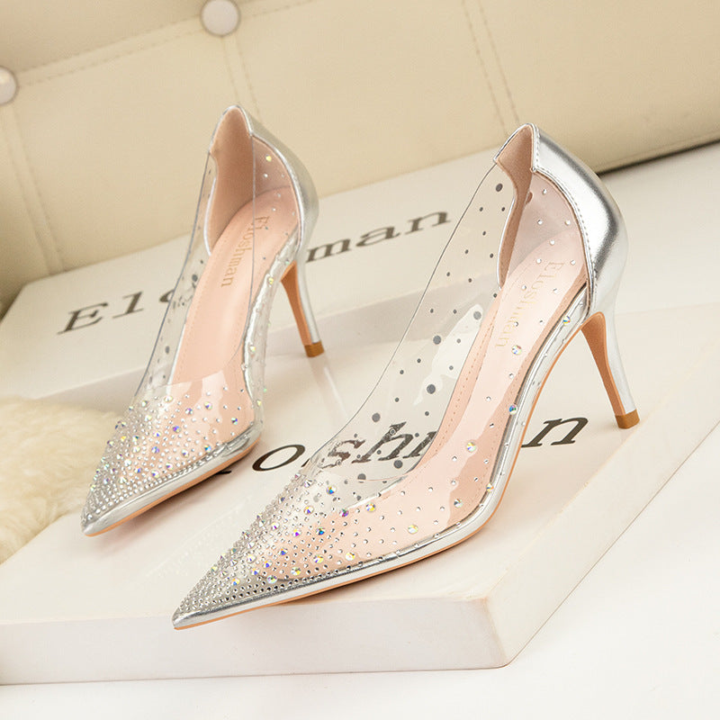 Transparent Rhinestone Banquet Pointed Thin High Heels Shoes