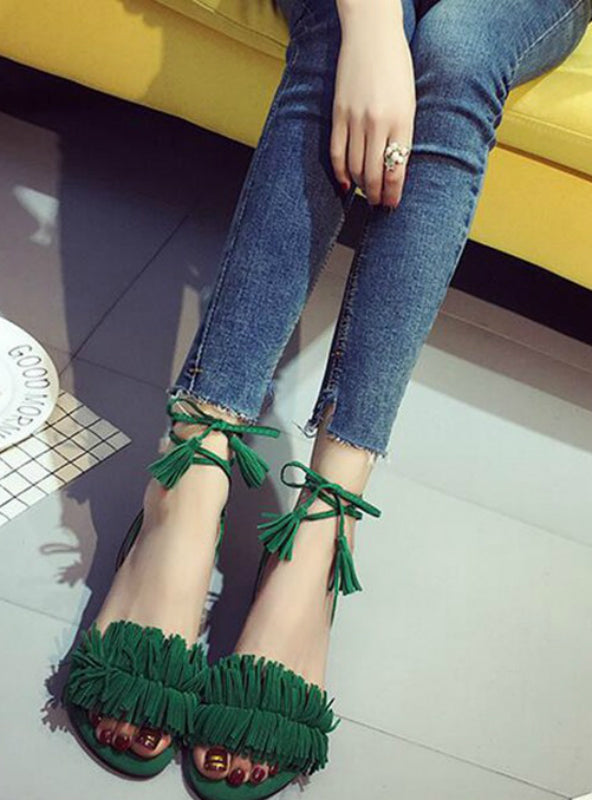 Fur Ankle Strap Gladiator Sandals Women Flats