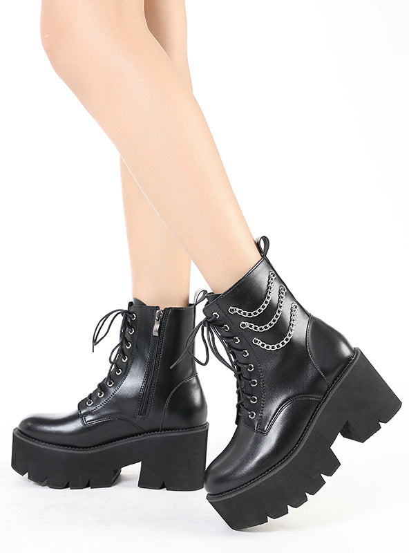 Pearl Chain Thick Bottom Side Zipper Women's Boots