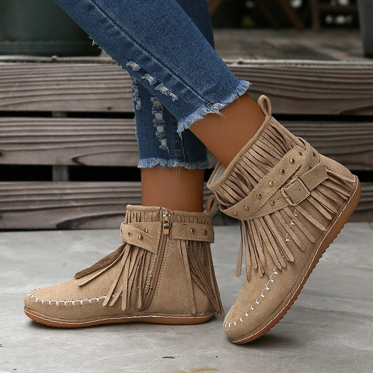 Fringed Rivet Belt Buckle Flat Booties