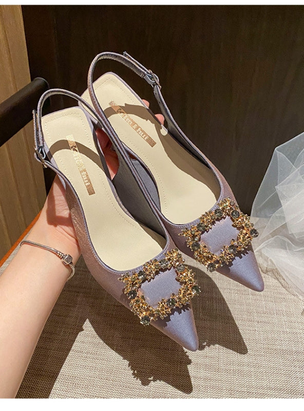 Square Buckle Rhinestone Pointed High Heels