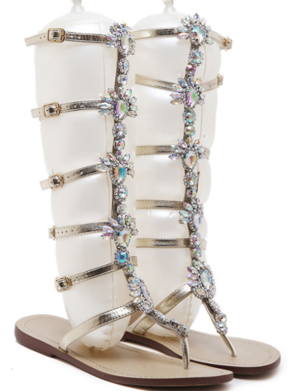 Flats Sandal Gladiator Gold Rhinestone Knee High