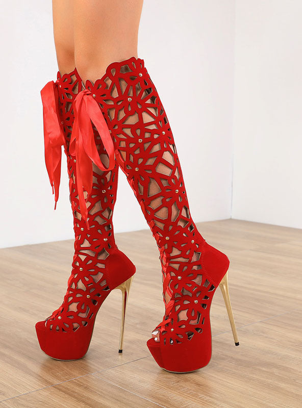 Womens Heels Knee High Boots Peep Toe High Heels