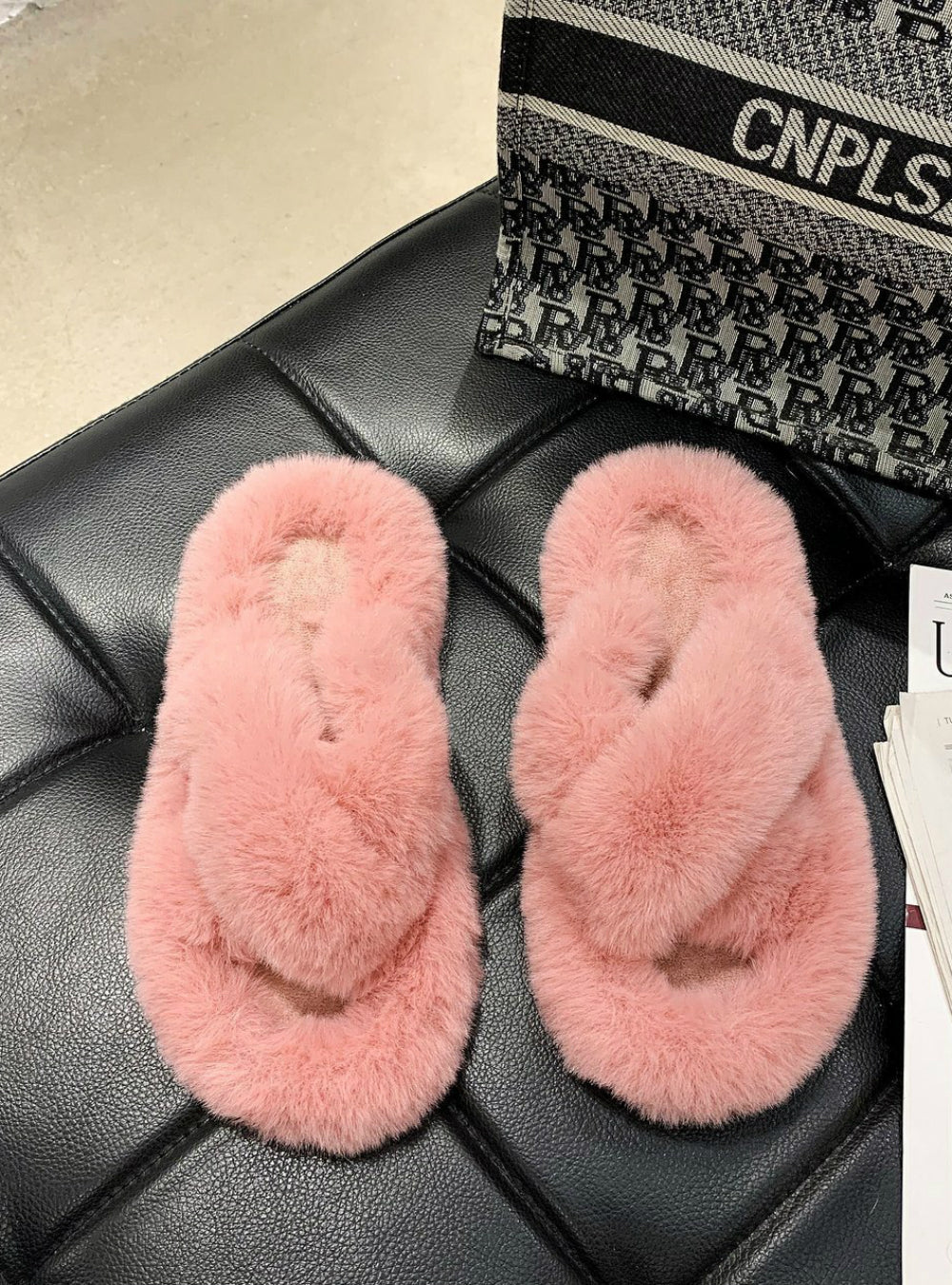 Women Fur Slippers Fashion Cross Band Warm Plush